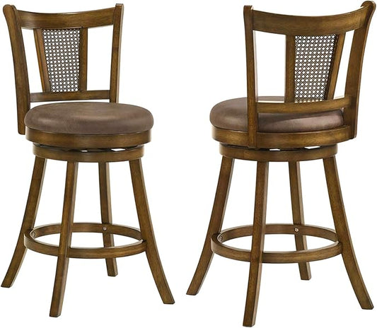 COSTWAY Counter Height Barstools Set of 2, 25” Solid Rubber Wood Swivel Counter Chairs with Faux Leather Seat, Curved PE Rattan Back, for Living Room & Kitchen Island, Brown (2, 25” Seat Height)