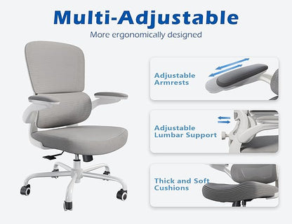 TRALT Ergonomic Office Chair - Desk Chair with Adjustable Lumbar Support Computer Chair - Mesh Comfy Chair with Flip-up Armrests - Gaming Chairs for Adults Home Office (Leather, Grey)