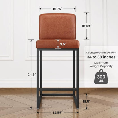 PHI VILLA Brown Leather Bar Stools Set of 4, 24 inch Counter Height Chairs, Modern Kitchen Barstools, Bar Stool with Back