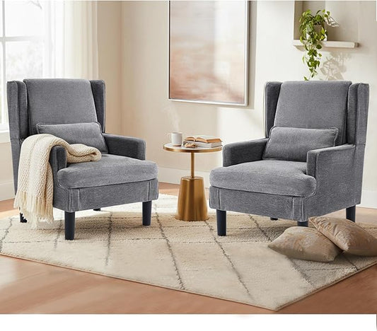 Modern Accent Chair for Living Room Chairs Upholstered Oversized Reading Chair Accent Chairs Set of 2 Living Room Chair Arm Chair with High Back and Wood Legs,Armchair Comfy Chair for Bedroom(Grey)