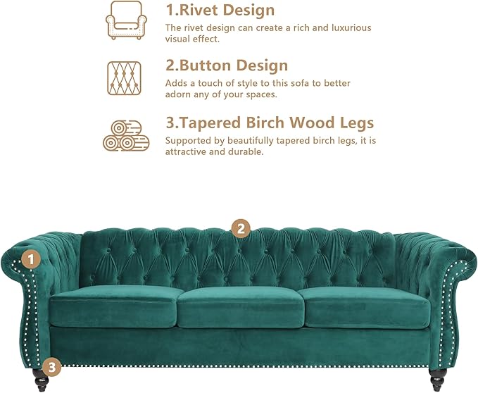 Home Sofa Living Room Furniture, 3 Seater 84" Velvet Upholstered Couch, Mid Century Modern Comfy Couch with Cushions, Classic Tufted Chesterfield Couches for Bedroom, Office, Apartment (Green)