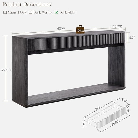 OKD 63" Fluted Console Table for Entryway, Modern Entryway Table with 2 Large Drawers, Long Sofa Table Behind Couch for Living Room, Hallway, Couch, Foyer，Dark Alder