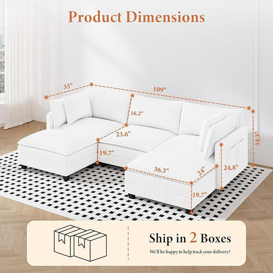 Vesgantti 109" U Shaped Cloud Sectional Sofa, Comfy Corduroy Upholstered Sectional Modular Sofas for Living Room, Modern Modular Couch with 2 Ottoman Deep Seat, Warm White