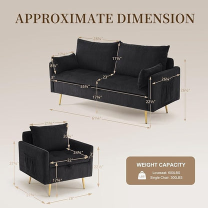 Furnimart 3-Piece Storage Sofa and Couch Set, Corduroy Loveseat with 2pc Accent Single Chairs, Small Living Room Furniture Set for Apartment, Tiny Homes and Lofts, 3PC-Black