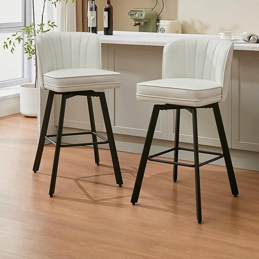 Swivel Counter Height Bar Stools Set of 2, 30'' Modern Barstools with Backs and Metal Legs, Upholstered Bar Chairs, Faux Leather White Stools for Kitchen Island Chairs