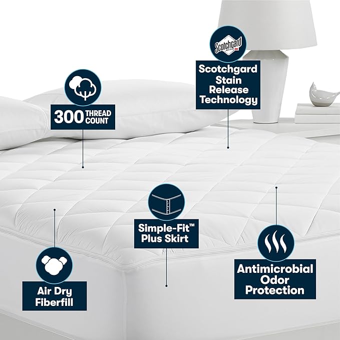 Serta Air Dry Extra Comfort Plus 100% Cotton Fabric Quilted Mattress Pad, Cooling and Breathable Mattress Cover, Moisture Wicking Protection with 18" Deep Pocket, California King, White