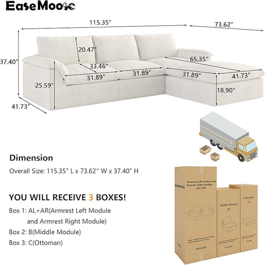 EASE MOOSE Oversized Boneless Cloud Couch for Living Room, Modular Sectional Sofa L-Shape, Cloud Sofa Set with Fluffy Foam, 4-Seat Deep Comfy Sofa with Ottoman for Bedroom Apartment, Chenille (White)