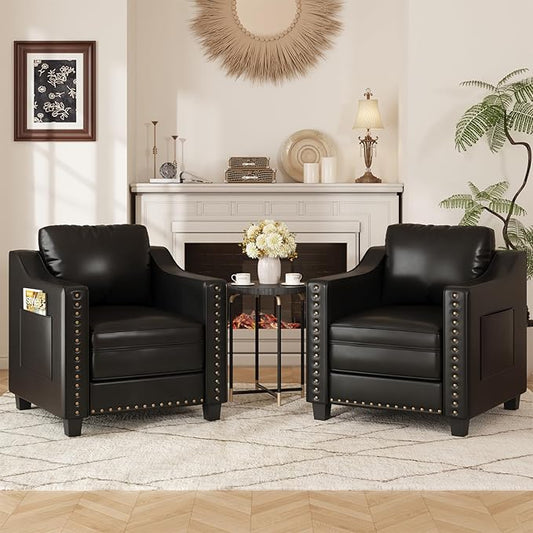 Faux Leather Accent Chair Set of 2 for Living Room, 30 Inches Barrel Upholstered Armchair, Cozy Mid Century Modern Club Arm Chair Single Sofa for Bedroom, Apartment, Reading Room, Black
