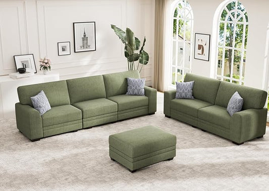 Wanderwell Oversized Modular Sectional Sofa, 6-Seater U Shaped Couches with Movable Ottoman,Corduroy Sectional Couch with Wide and Deep Seats Suitable for Living room,Bedroom,Apartment (Olive, 2+3+OT)