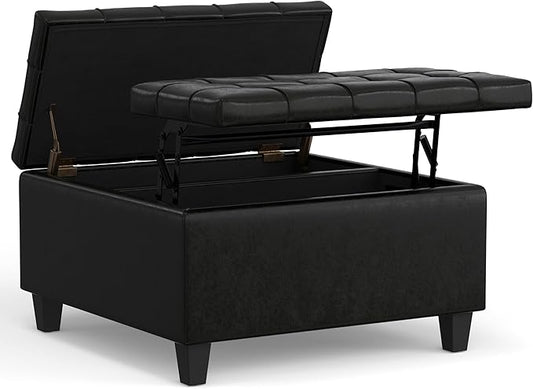 SIMPLIHOME Harrison 30 inch Wide Transitional Square Small Coffee Table Storage Ottoman in Midnight Black Vegan Faux Leather, Assembled, for The Living Room and Bedroom