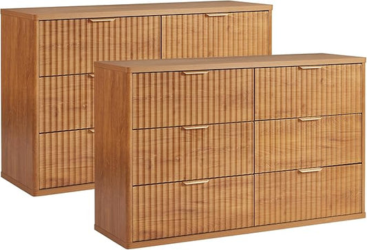 LEYAOYAO Fluted 6 Drawers Dresser Set of 2, 48" Wide Modern Chest of Drawers with Woodgrain Top, Curved Profile Design, Dresser TV Stand, Wood Drawer Organizer for Bedroom, Living Room, Hallway,Brown