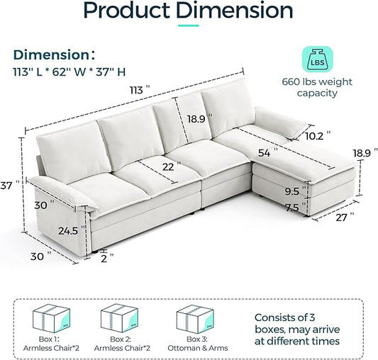 LINSY HOME Modular Cloud Couch, 113" L Shaped Sectional Sofa with Double Layer Cushions and Ottoman, Chenille 4 Seater Sofa Set for Living Room, Apartment, Beige