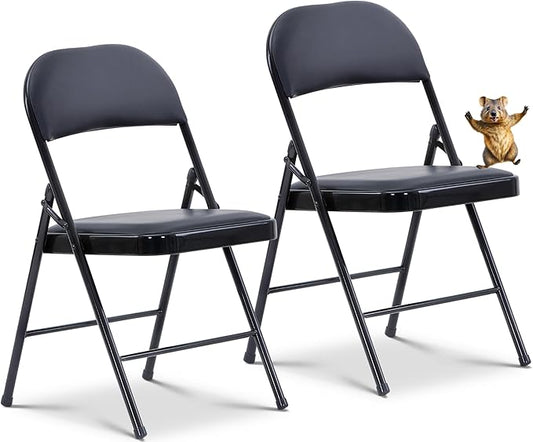 Oline Vinyl Folding Chairs, Padded Vinyl Cushion Chairs with Durable Metal Frame, Indoor Outdoor Stackable Foldable Guest Chairs for Office Wedding Kitchen Dining, 300lb Capacity (Black, 2 Pack)