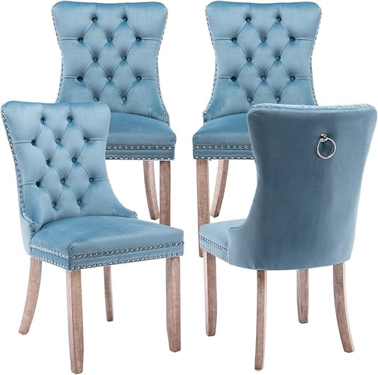 Velvet Upholstered Dining Chairs Set of 4, Modern Style Kitchen Side Chairs with Nailhead Trim and Wood Legs,Metal Pulling Ring for Dining Room Living Room(Sky Blue,Set of 4)