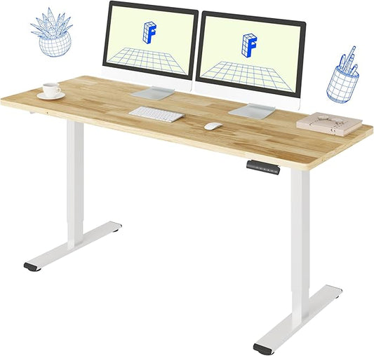 FLEXISPOT E3 Solid Wood Dual Motor 63 x 24 Electric Standing Desk Sit Stand Desk, Holds 220 lbs, Adjustable Height w/Memory Presets, Butcher Block Rubberwood Desktop & White Frame, Ships in 2 Boxes