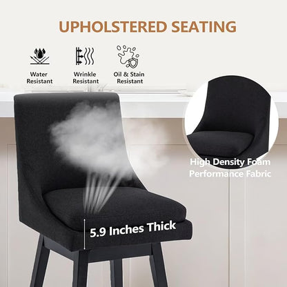 Bar Stools Set of 2, 26 Inch Upholstered Barstools with 14.2" High Back and Footrest, Swivel Counter Height Barstools for Kitchen Island Home Bar Performance Fabric Black