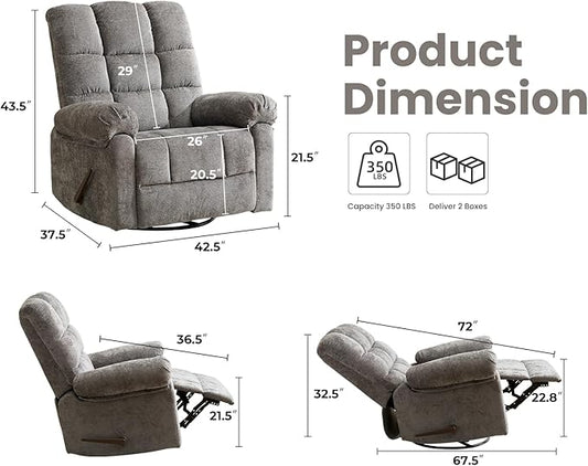 Oversized Swivel Rocker Recliner with Massage and Heat, 26" Extra Wide Manual Recliner for Adults & Big Man, Overstuffed Rocking Chair with High Back for Living Room, Grey Chenille