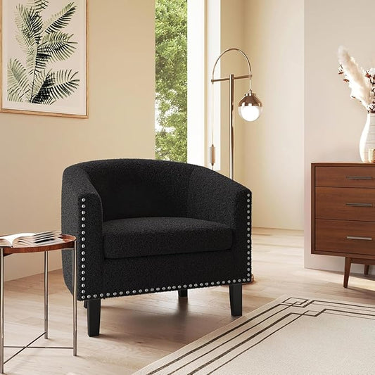 BELLEZE Barrel Chairs Set of 2, Modern Accent Tub Club Chairs Armchairs for Living Room, Upholstered Accent Chairs with Silver Nail Head Trim Black Legs - Kyara (Black/Polyester)