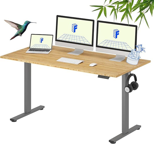 FLEXISPOT EN1 Bamboo Standing Desk, 60 x 30 Inches Whole-Piece Electric Adjustable Height Desk for Home Office (Silver Frame + Bamboo Top, 2 Packages)