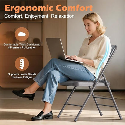 Folding Chairs 4 Pack with Padded Cushion and Back, Metal Folding Chairs with Comfortable Cushion and Durable Steel Frame Capacity for Home, Office, Party and Outdoor Events (PU-Grey, 4 Pack)