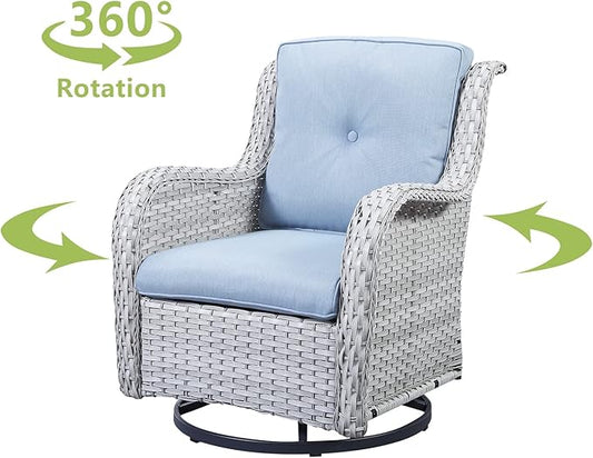 HUMMUH Patio Furniture 6 Pieces Outdoor Furniture Set Wicker Outdoor Sectional Sofa with Swivel Rocking Chairs,Patio Ottomans,Patio Coffee Table(Light Grey/Light Blue)