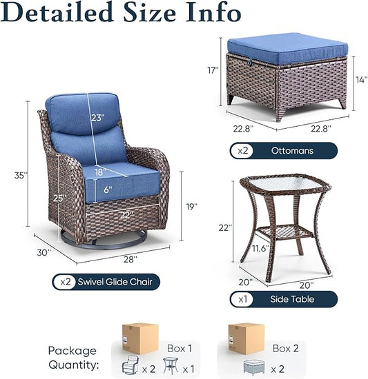 Belord Luxury 6" Thick Cushioned 5 Pieces Patio Furniture Set with 2 Ottomans, Wicker Outdoor Conversation Set with High Back Swivel Rocker Patio Chairs for Deck Porch Yard and Poolside - Brown+Blue