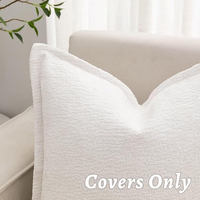 Cream White Decorative Throw Pillow Covers 26x26 Inch Set of 2 Cozy Soild Chenille Cushion Cases Soft Textured Square Couch Pillows Cover Boho Accent Farmhouse Pillowcases for Sofa Bed