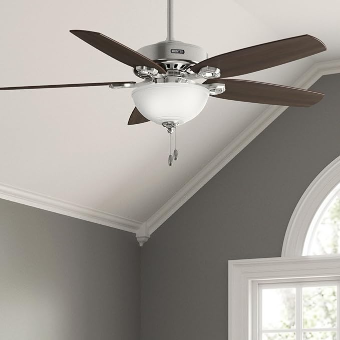 Hunter Fan 52 inch Traditional Brushed Nickel Ceiling Fan with Cased White Glass Light Kit, 5 Blade (Renewed)