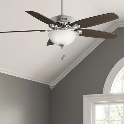 Hunter Fan 52 inch Traditional Brushed Nickel Ceiling Fan with Cased White Glass Light Kit, 5 Blade (Renewed)