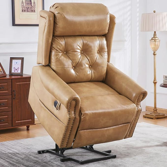 Large Power Lift Recliner Chair for Elderly, Oversized Lay Flat Lift Chair with Adjustable Headrest, Leather Recliner Chairs with Massage and Heat, Infinite Position,Extended Footrest,Beige