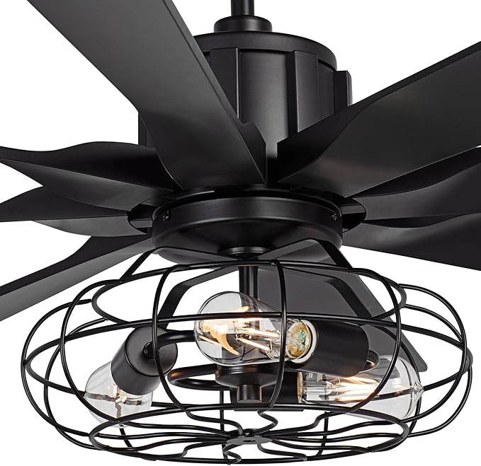 Possini Euro Design 60" Defender Modern Industrial Indoor Ceiling Fan with LED Light Remote Control Matte Black Metal Cage for Living Kitchen House Bedroom Family Dining Home Office Kids Room