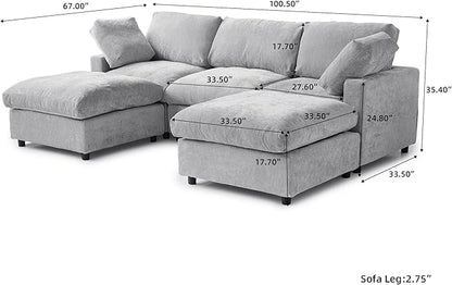 Cloud Couch Modular Sectional Sofa,100.5" U Shaped Couch, Oversized Convertible Wide Seater,3 Seater with 2 Ottomans for Living Room Set, Covers Washable&,Gray