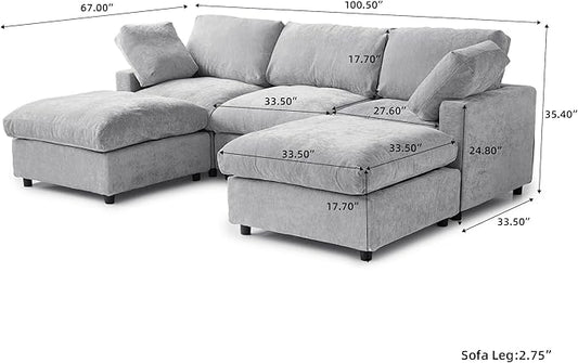 Cloud Couch Modular Sectional Sofa,100.5" U Shaped Couch, Oversized Convertible Wide Seater,3 Seater with 2 Ottomans for Living Room Set, Covers Washable&,Gray