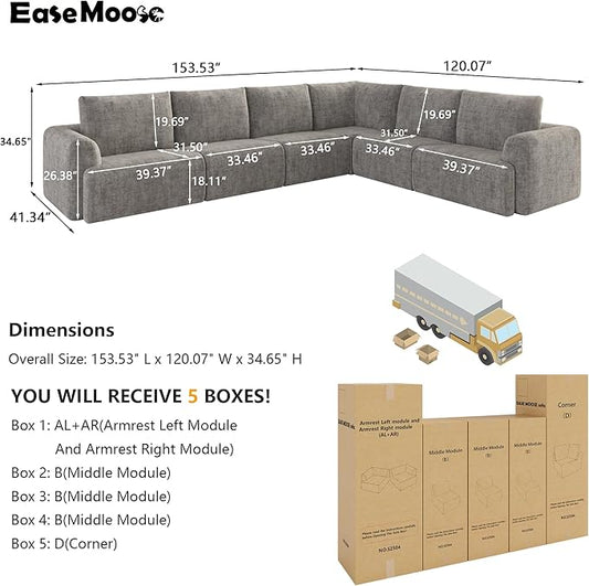 EASE MOOSE Boneless Modular Cloud Couch, Oversized L-Shaped Sectional Sofa for Living Room, Extra Large Movable Couches, 6-Deep-Seat Movable Sofas for Bedroom, Apartment, Chenille (Light Grey)