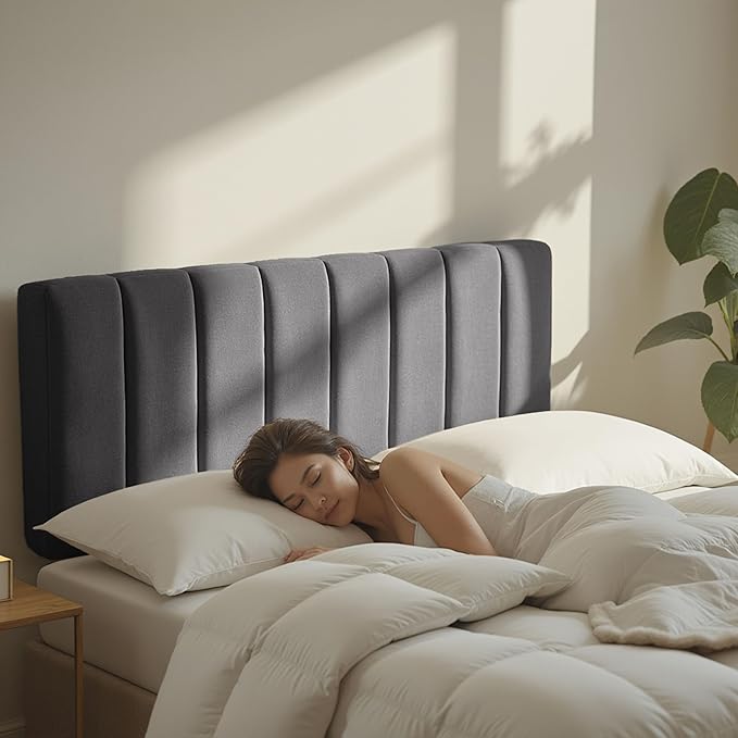 Hearth & Harbor Upholstered Twin Headboard - Easy Assemble Channel Stitched Headboard Twin Size - Wall Mounted Headboards with 3D Soundproof Wall Panels Peel & Stick Floating Headboards, Grey