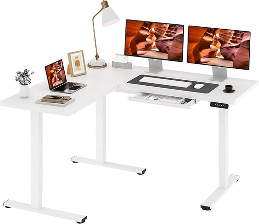 L-Shaped Standing Desk, 63 x 55 Inches Height Adjustable Desk with Storage, Sit and Stand up for Work Office Home, Ergonomic Rising Computer Table for Home Office with Splice Board, White