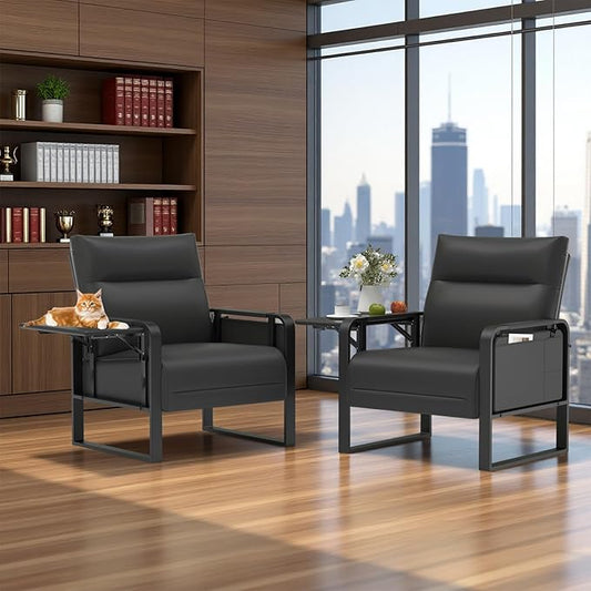 Faux Leather Accent Chair Set of 2, Upholstered Armchair with Side Tray & Pocket, Comfy Reading Chair for Living Room, Bedroom, Guest Room, Black