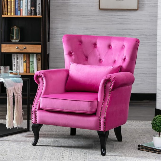 chairus Mid-Century Modern Accent Chair Comfy Tufted Single Sofa Chair Wingback Armchair with Pillow for Club, Living Room, Bedroom - Velvet, Rose