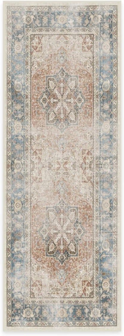 RUGGABLE Washable Vintage Runner Rug – Kamran Coral 2.5x7, Stain-Resistant, Non-Slip Hallway Runner – Machine Washable Rug for Hallway, Entryway, Living Room & Kitchen – with Standard Pad