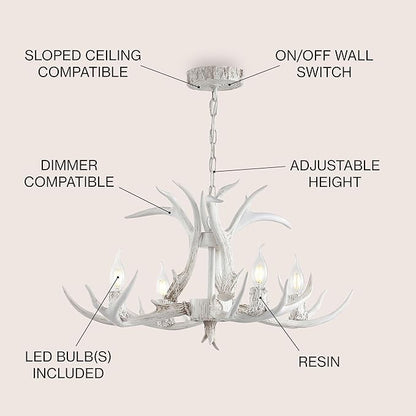 JONATHAN Y JYL6301B Eldora 26" Adjustable Resin Antler 4-Light LED Chandelier, Glam, Rustic,Cottage,Transitional, Dimmable Dining Room, Living Room, Kitchen, Foyer, Bedroom, White