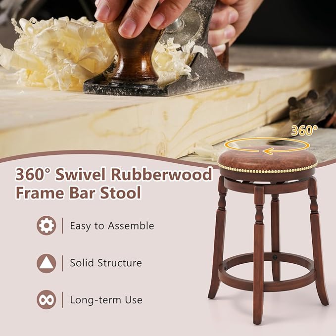 COSTWAY Round Swivel Wooden Bar Stools Set of 4, 24-inch Upholstered Backless PU Leather Farmhouse Counter Chairs with Footrest, Decorative Rivets for Kitchen Island, Dining Room, Walnut