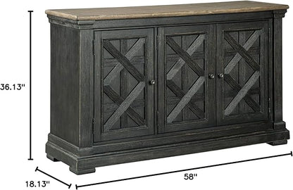 Signature Design by Ashley Tyler Creek Vintage Casual Dining Room Buffet Cabinet or Server with 3 Doors and Lattice Design, Wood, 36" High, Black & Gray