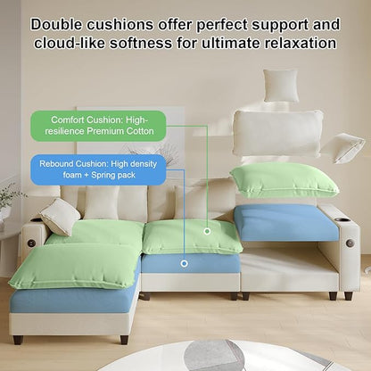 Cloud Couch, Modular Sectional Sofa with Ottoman, Charging Station, Throw Pillows, Cup Holders, Modern Convertible L Shaped Couches for Living Room, Bedroom (White, 116"- L Shape)