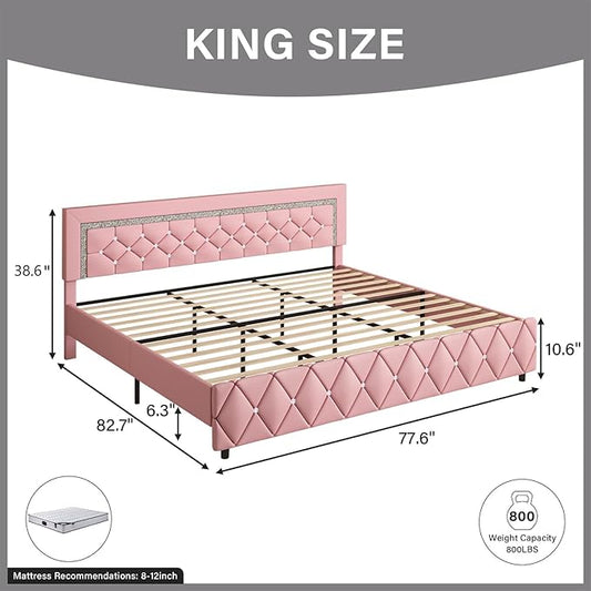 BarnFurin King Size Bed Frame, Faux Leather Upholstered Bed with Diamond Tufted Headboard, Modern King Size Bed with Wooden Slats Support, No Box Spring Required, Easy Assembly, Pink