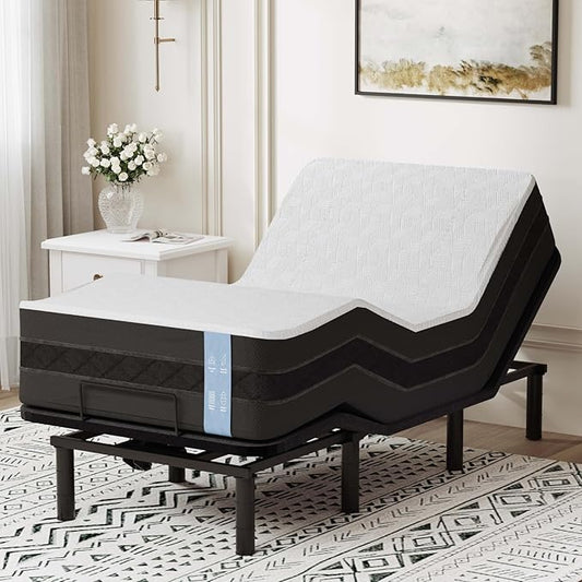 FLEXISPOT Adjustable Bed Frame Base Twin XL + 12" Cooling Gel Memory Foam Mattress, Massage, Head and Foot Incline, Zero Gravity, Zero Clearance, Under-Bed Lights, Anti-Snore, Wireless Remote