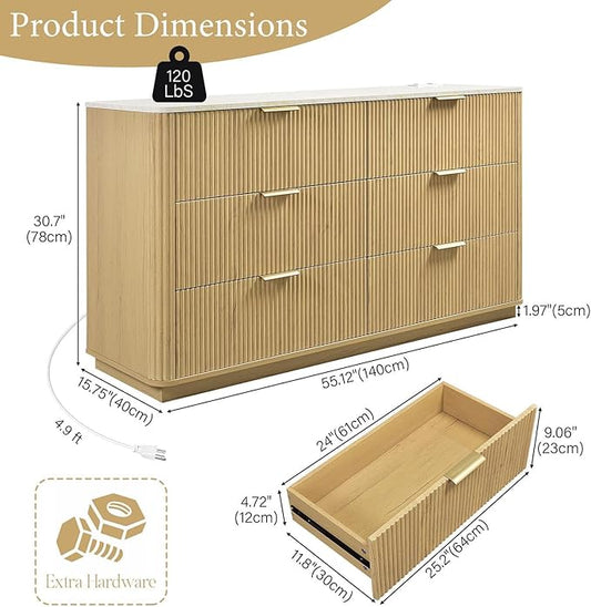 Fluted 6 Drawers Dresser with Charging Station, 55" Wide Modern Chest of Drawers with Faux Marble Top, Wooden Dresser TV Stand, Wood Drawer Organizer for Bedroom, Living Room, Hallway, Natural Oak