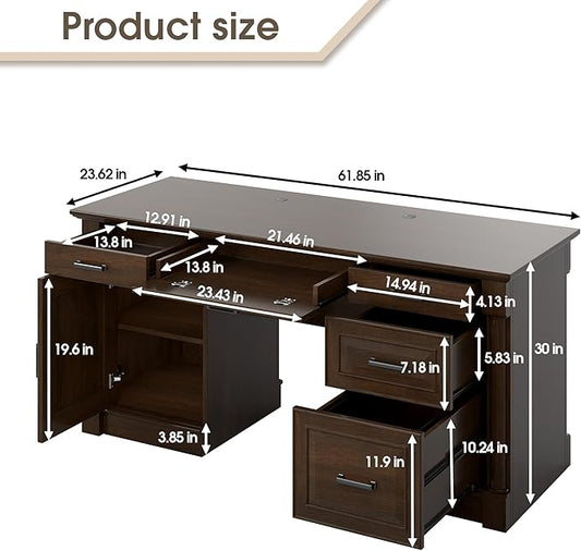 61.85″ Large Executive Desk with Roman Column Design, for Boss Office Home Office 3 Drawers incl. File Drawer, Keyboard Tray, Shelf Cabinet with Door, Dark Cherry