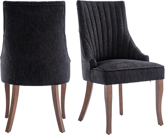 mikibama Linen Dining Chairs Set of 2 Channel Tufted Kitchen Dinner Chair Comfy Fabric Upholstered Accent Chair for Dining Room with Solid Wood Legs (Black)