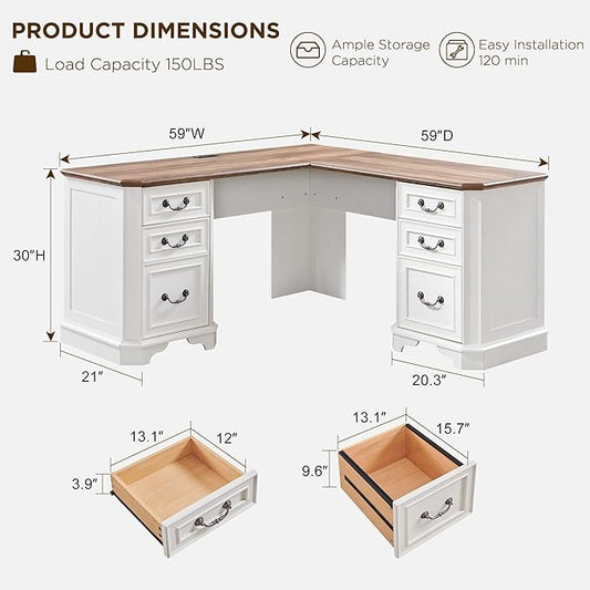 T4TREAM L Shaped Desk with Drawers,59" Farmhouse Wood Home Office Executive Desk,Charging Station,File Drawer, Storage Cabinet,Computer Desk for Work and Study (Antique White)