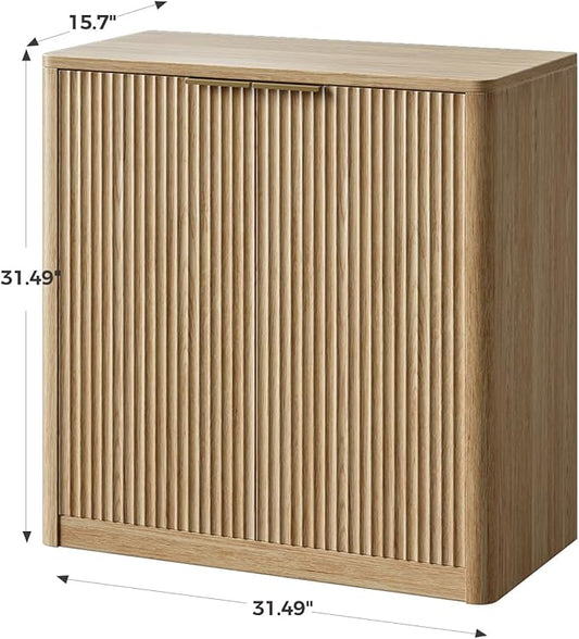 Evermagin 31.5" Oak Buffet Cabinet with Storage, Small Sideboard Cabinet, Boho Accent Credenza, Fluted Console Table with Doors for Dining Room, Kitchen, and Living Room